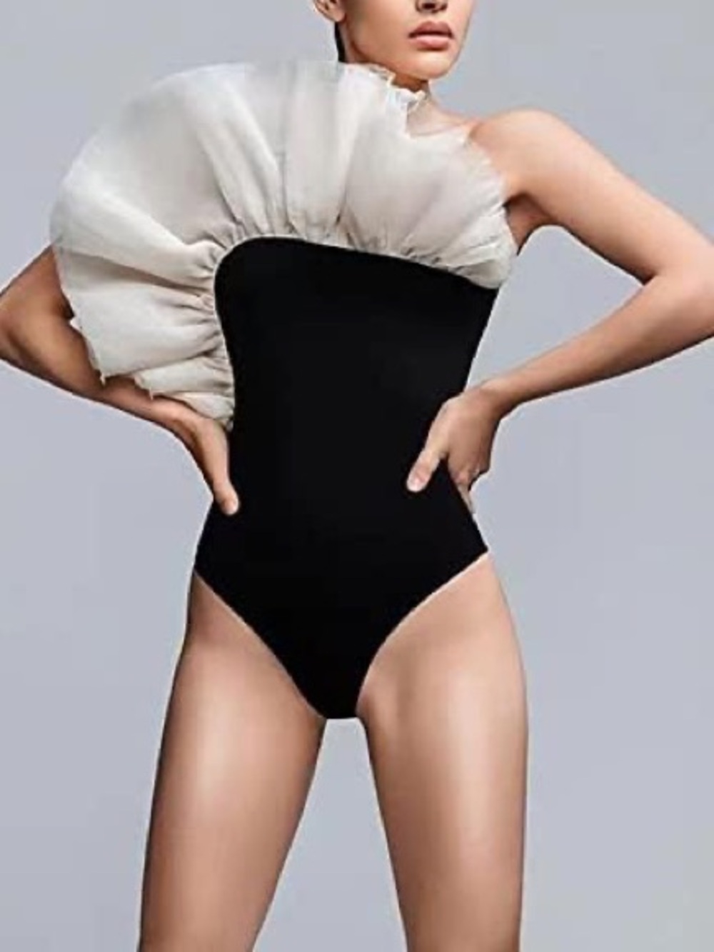 Black Bodysuit with Dramatic Ivory Tulle Ruffle